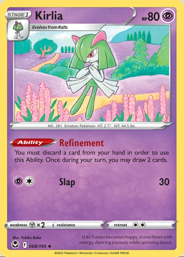 Kirlia 068/195, Silver Tempest English Print with "Play! Pokémon" stamp, card art reference