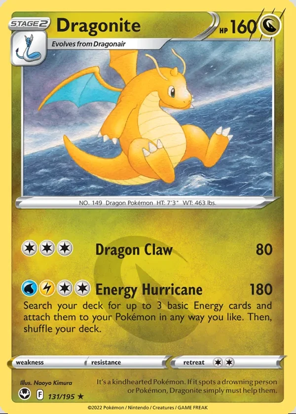 Dragonite 131/195, Silver Tempest English Print with "Play! Pokémon" stamp, card art reference