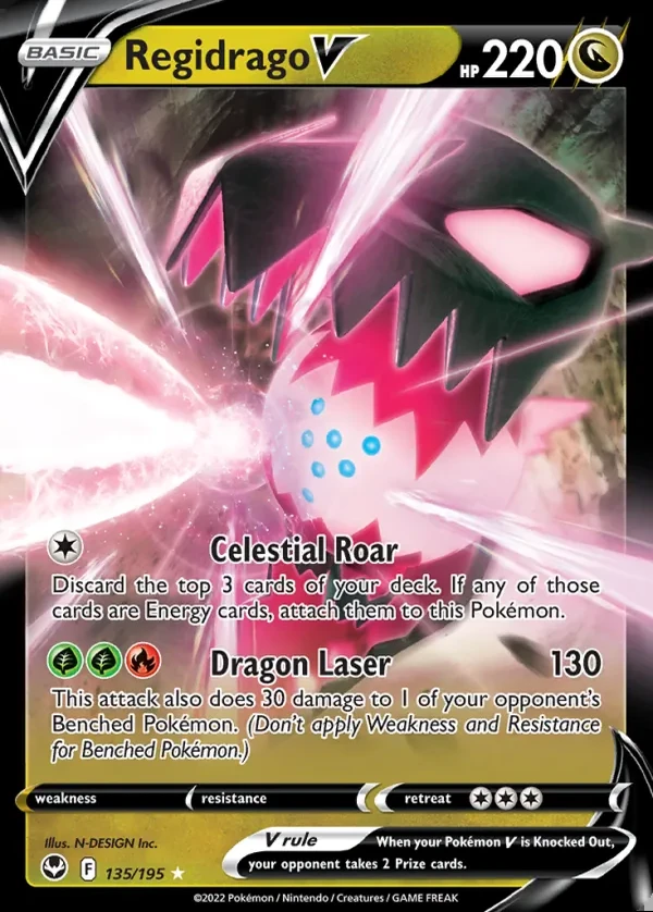 Regidrago 135/195, Silver Tempest English Print with "Play! Pokémon" stamp, card art reference
