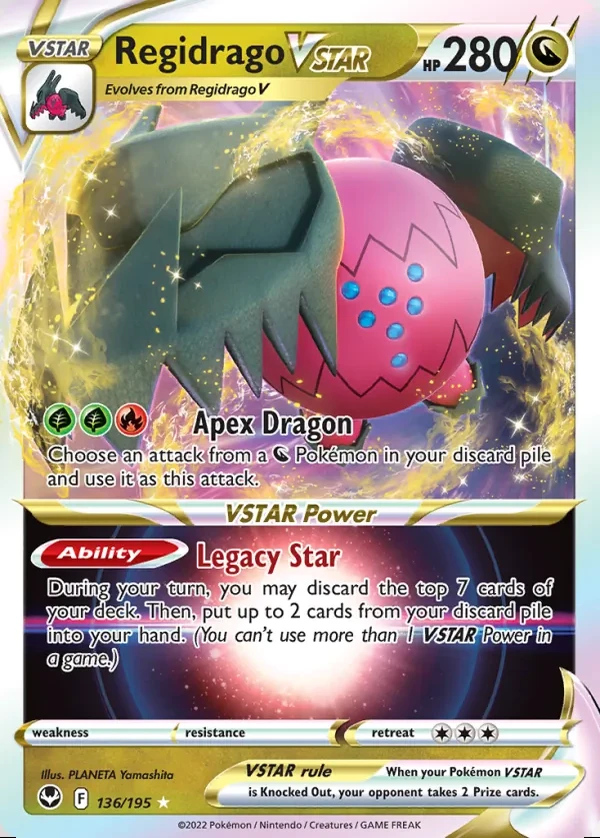 Regidrago 136/195, Silver Tempest English Print with "Play! Pokémon" stamp, card art reference