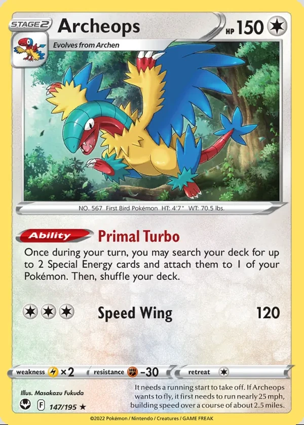 Archeops 147/195, Silver Tempest English Print with "Play! Pokémon" stamp, card art reference