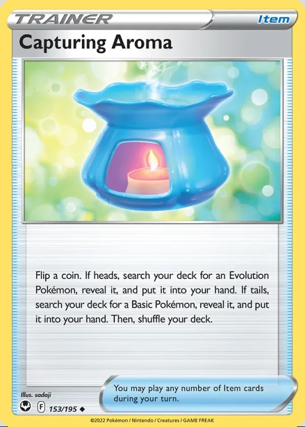 Capturing Aroma 153/195, Silver Tempest English Print with "Play! Pokémon" stamp, card art reference