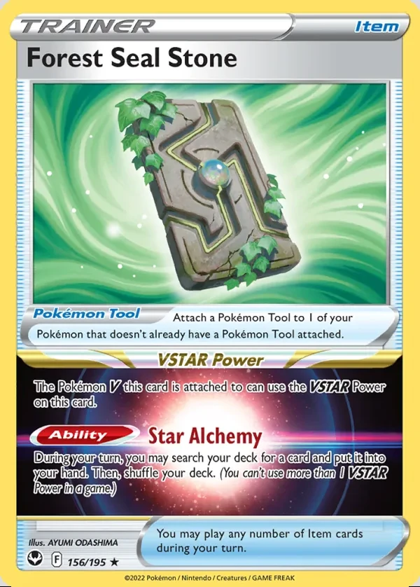Forest Seal Stone 156/195, Silver Tempest English Print with "Play! Pokémon" stamp, card art reference