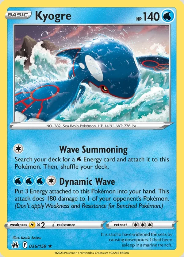 Kyogre 036/159, Crown Zenith English Print with "Play! Pokémon" stamp, card art reference