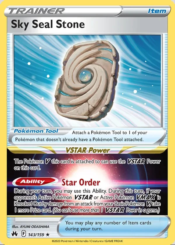 Sky Seal Stone 143/159, Crown Zenith English Print with "Play! Pokémon" stamp, card art reference