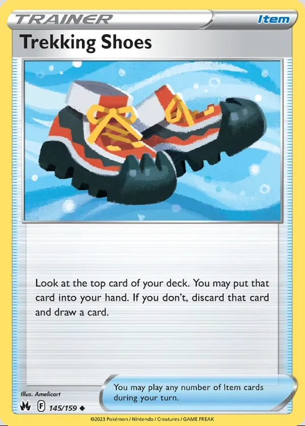 Trekking Shoes 145/159, Crown Zenith English Print with "Play! Pokémon" stamp, card art reference