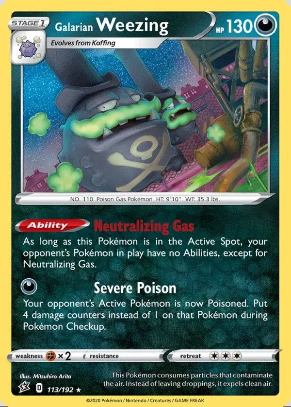 Galarian Weezing 113/192, Rebel Clash English Print with "Play! Pokémon" stamp, card art reference