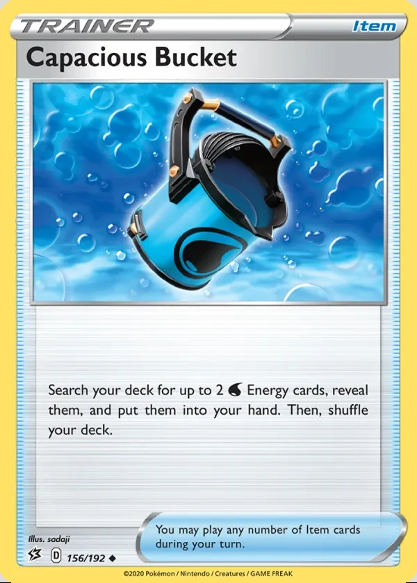 Capacious Bucket 156/192, Rebel Clash English Print with "Play! Pokémon" stamp, card art reference