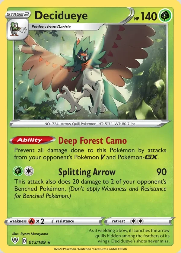 Decidueye 013/189, Darkness Ablaze English Print with "Play! Pokémon" stamp, card art reference