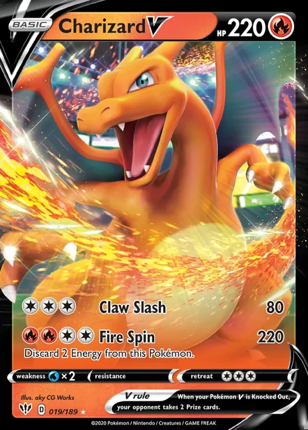 Charizard 019/189, Darkness Ablaze English Print with "Play! Pokémon" stamp, card art reference