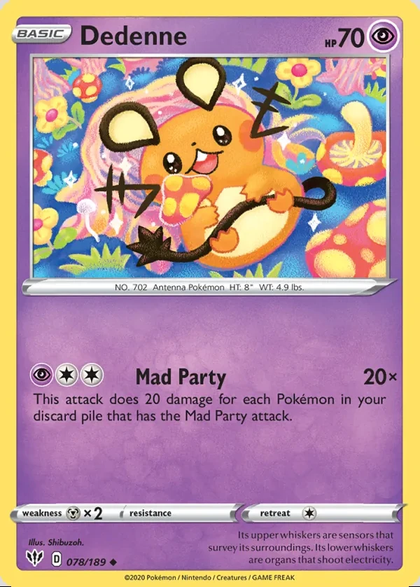 Dedenne 078/189, Darkness Ablaze English Print with "Play! Pokémon" stamp, card art reference