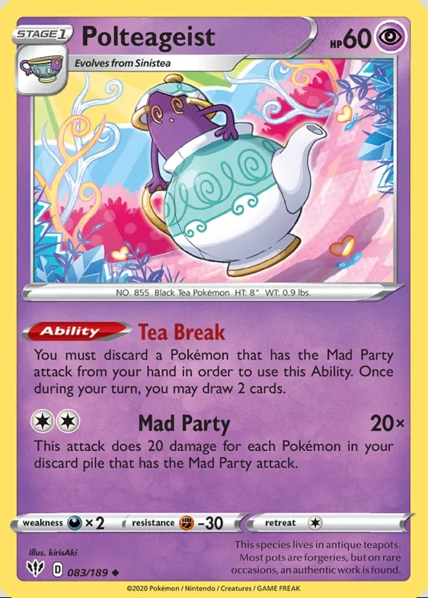 Polteageist 083/189, Darkness Ablaze English Print with "Play! Pokémon" stamp, card art reference