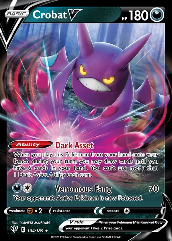Crobat 104/189, Darkness Ablaze English Print with "Play! Pokémon" stamp, card art reference