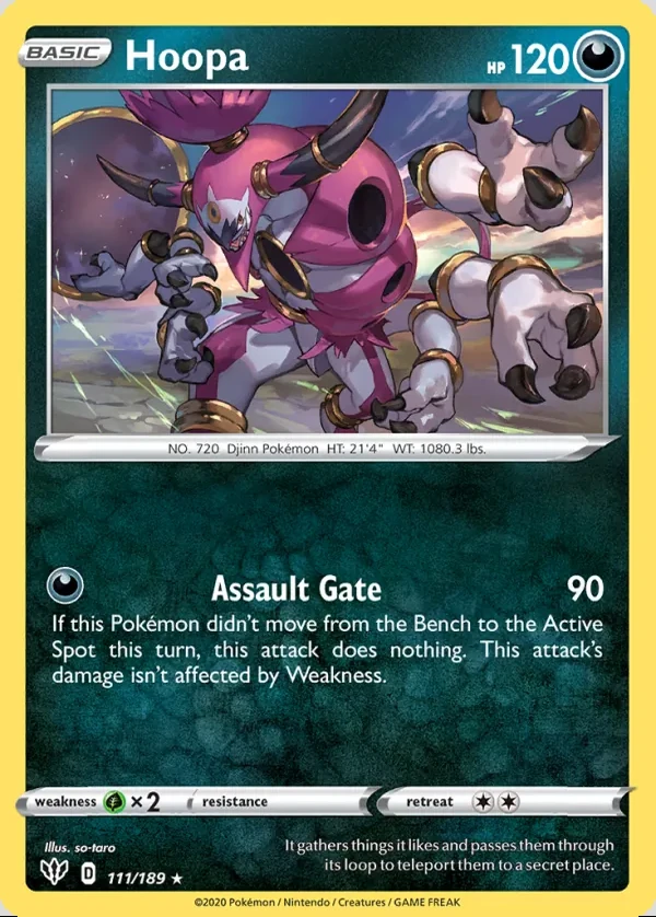 Hoopa 111/189, Darkness Ablaze English Print with "Play! Pokémon" stamp, card art reference