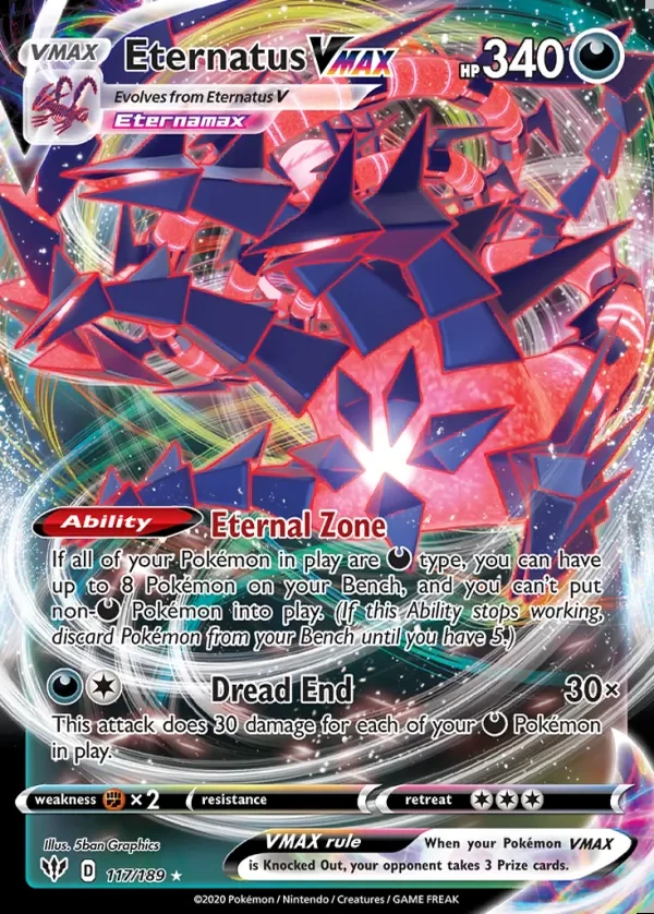 Eternatus 117/189, Darkness Ablaze English Print with "Play! Pokémon" stamp, card art reference