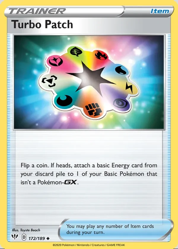 Turbo Patch 172/189, Darkness Ablaze English Print with "Play! Pokémon" stamp, card art reference