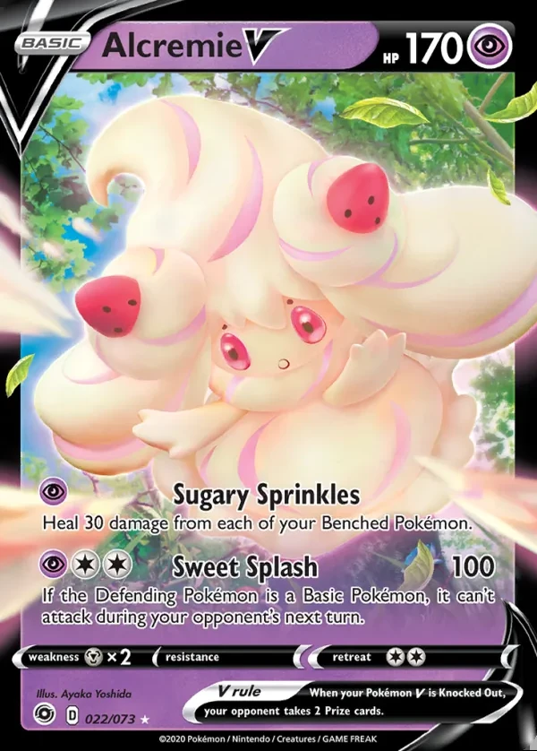 Alcremie V 022/073, Champion's Path English Print with "Play! Pokémon" stamp, card art reference