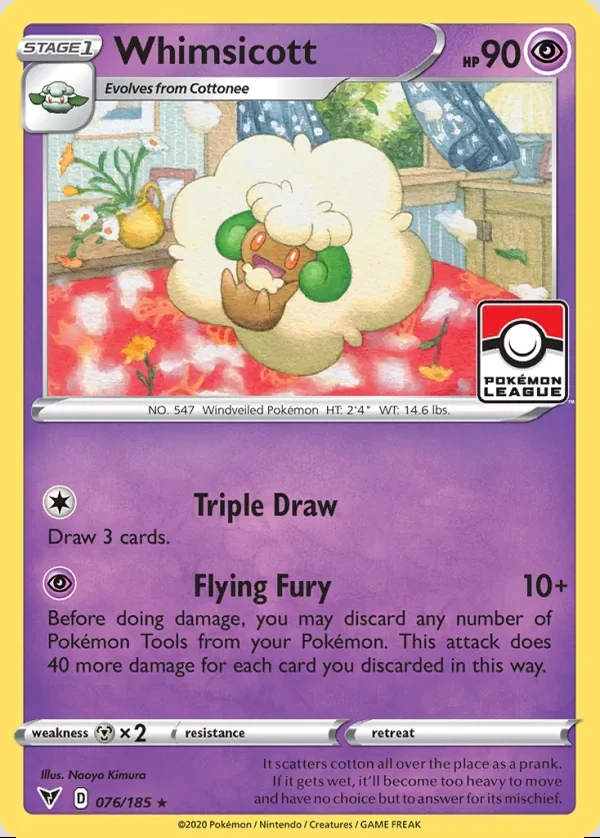 Whimsicott 076/185, Vivid Voltage English Print with "Play! Pokémon" stamp, card art reference