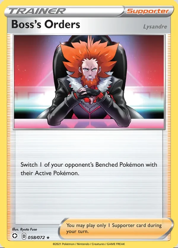 Boss's Orders 058/072, Shining Fates English Print with "Play! Pokémon" stamp, card art reference