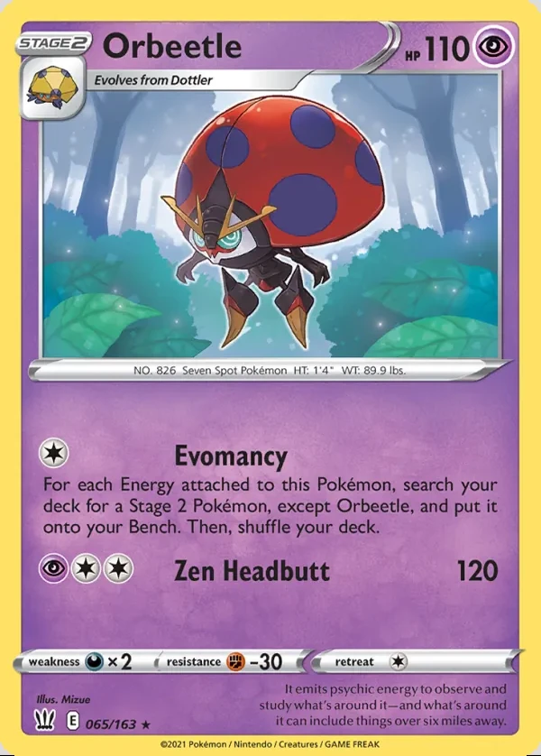 Orbeetle 065/163, Battle Styles English Print with "Play! Pokémon" stamp, card art reference