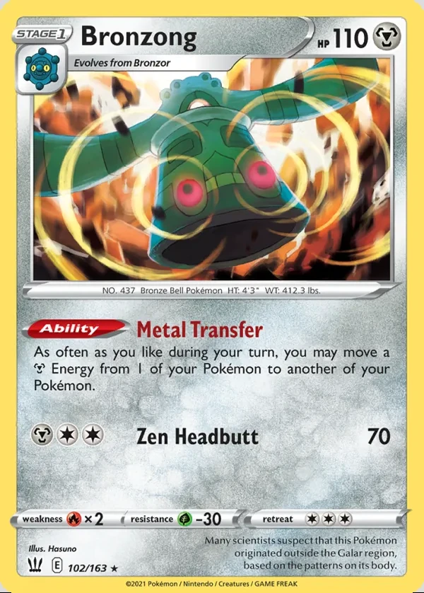 Bronzong 102/163, Battle Styles English Print with "Play! Pokémon" stamp, card art reference
