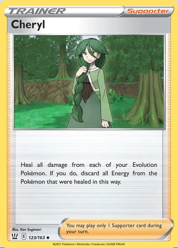 Cheryl 123/163, Battle Styles English Print with "Play! Pokémon" stamp, card art reference