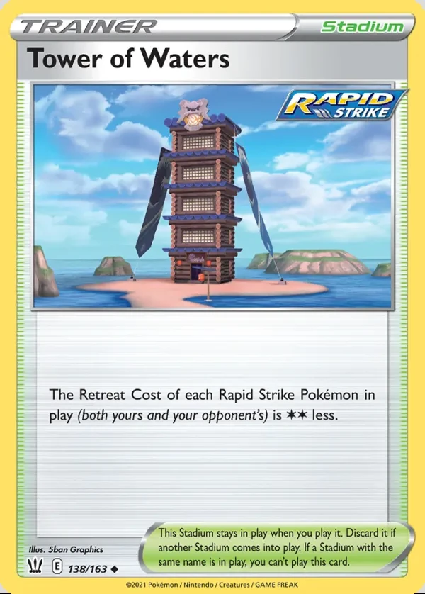 Tower of Waters 138/163, Battle Styles English Print with "Play! Pokémon" stamp, card art reference