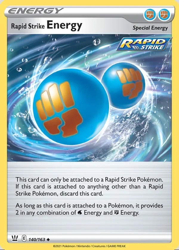 Rapid Strike Energy 140/163, Battle Styles English Print with "Play! Pokémon" stamp, card art reference