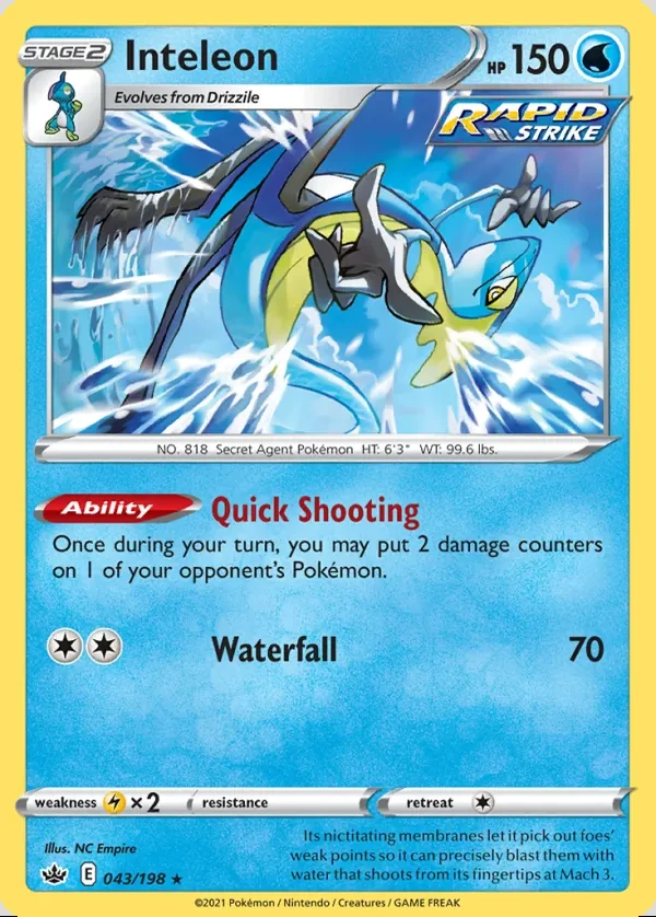 Inteleon 043/198, Chilling Reign English Print with "Play! Pokémon" stamp, card art reference