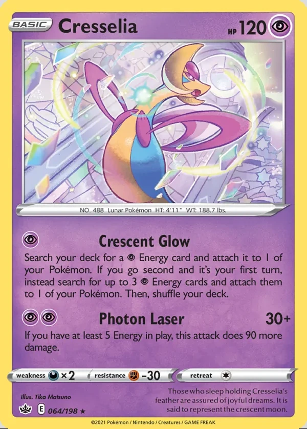 Cresselia 064/198, Chilling Reign English Print with "Play! Pokémon" stamp, card art reference