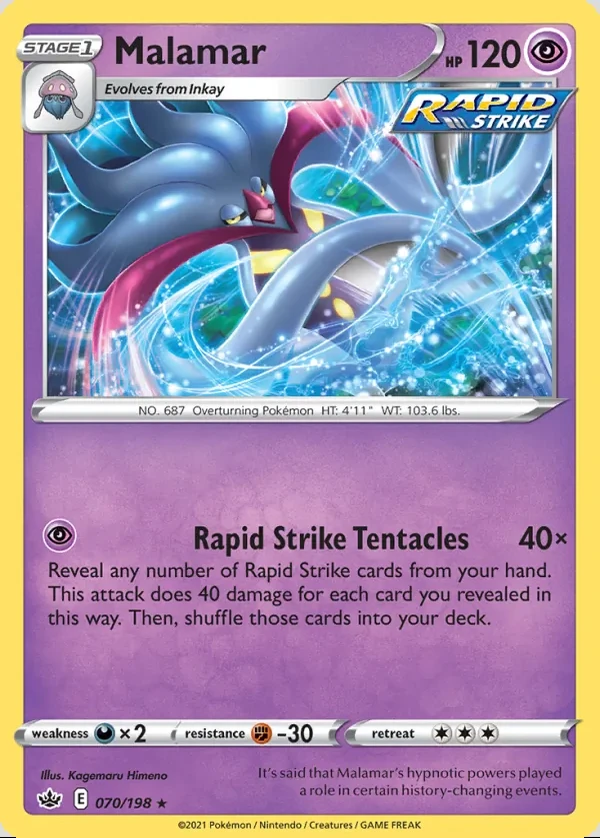 Malamar 070/198, Chilling Reign English Print with "Play! Pokémon" stamp, card art reference