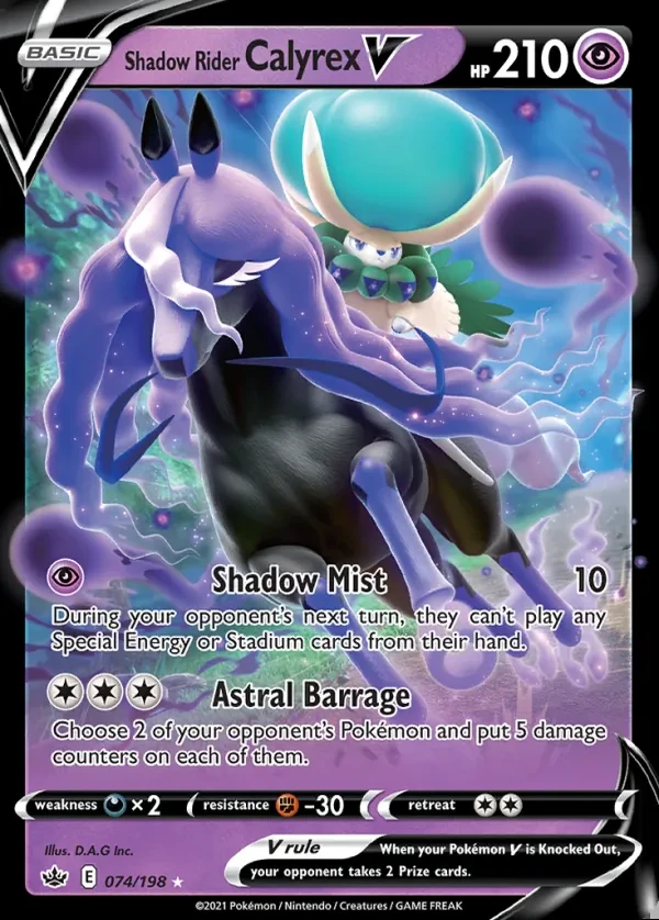 Shadow Rider Calyrex 074/198, Chilling Reign English Print with "Play! Pokémon" stamp, card art reference