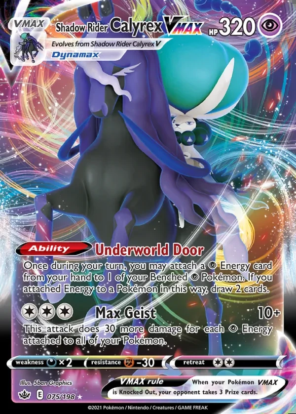Shadow Rider Calyrex 075/198, Chilling Reign English Print with "Play! Pokémon" stamp, card art reference