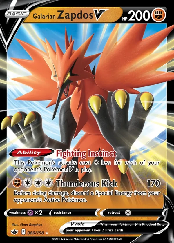 Galarian Zapdos 080/198, Chilling Reign English Print with "Play! Pokémon" stamp, card art reference