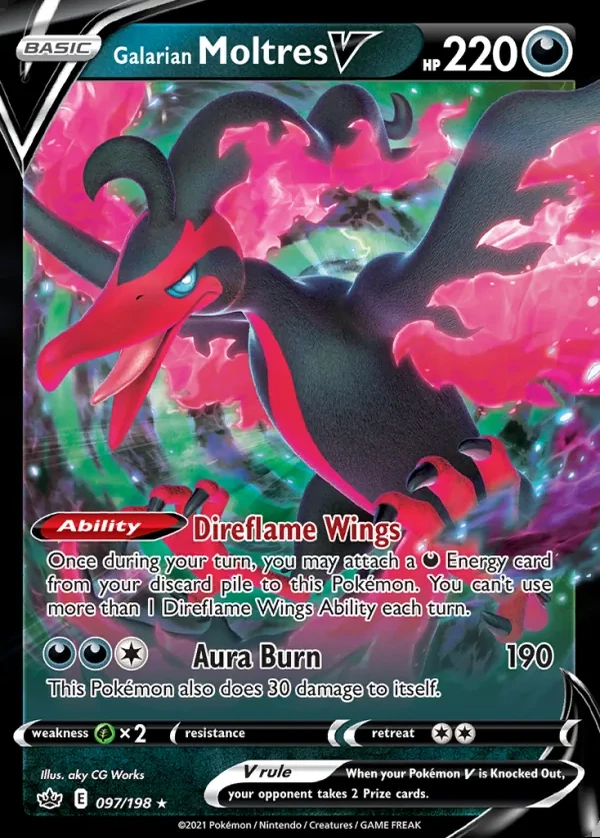 Galarian Moltres 097/198, Chilling Reign English Print with "Play! Pokémon" stamp, card art reference