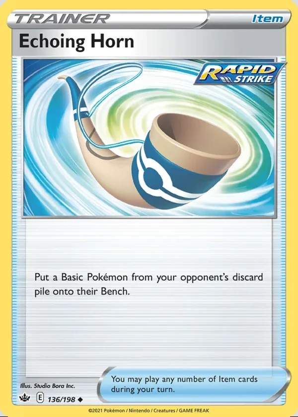 Echoing Horn 136/198, Chilling Reign English Print with "Play! Pokémon" stamp, card art reference