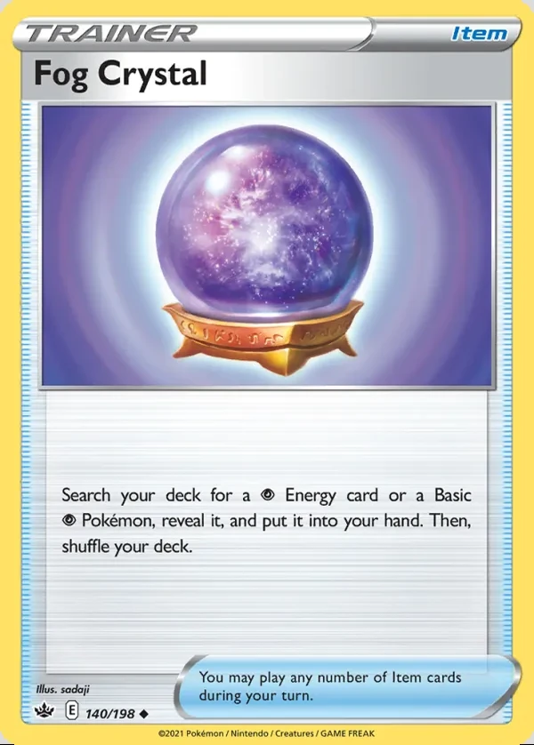 Fog Crystal 140/198, Chilling Reign English Print with "Play! Pokémon" stamp, card art reference