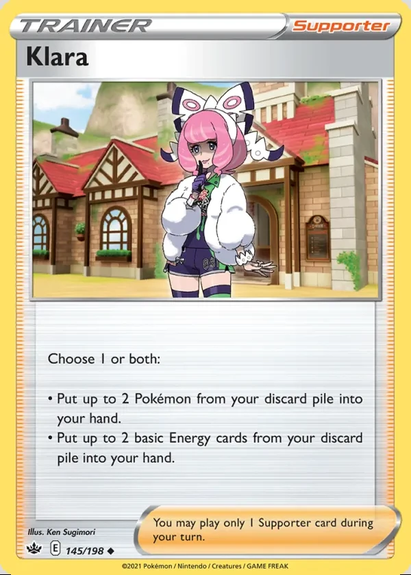 Klara 145/198, Chilling Reign English Print with "Play! Pokémon" stamp, card art reference