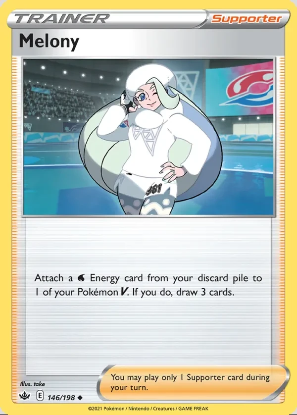 Melony 146/198, Chilling Reign English Print with "Play! Pokémon" stamp, card art reference