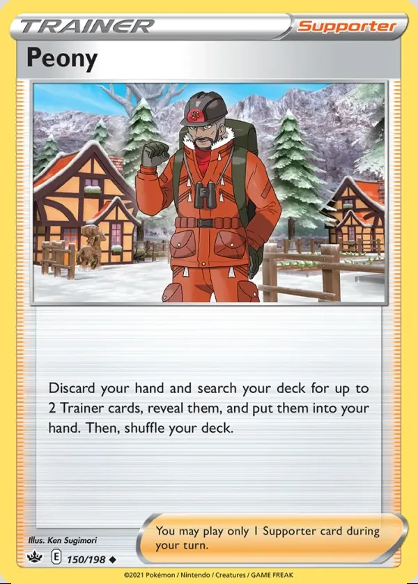 Peony 150/198, Chilling Reign English Print with "Play! Pokémon" stamp, card art reference