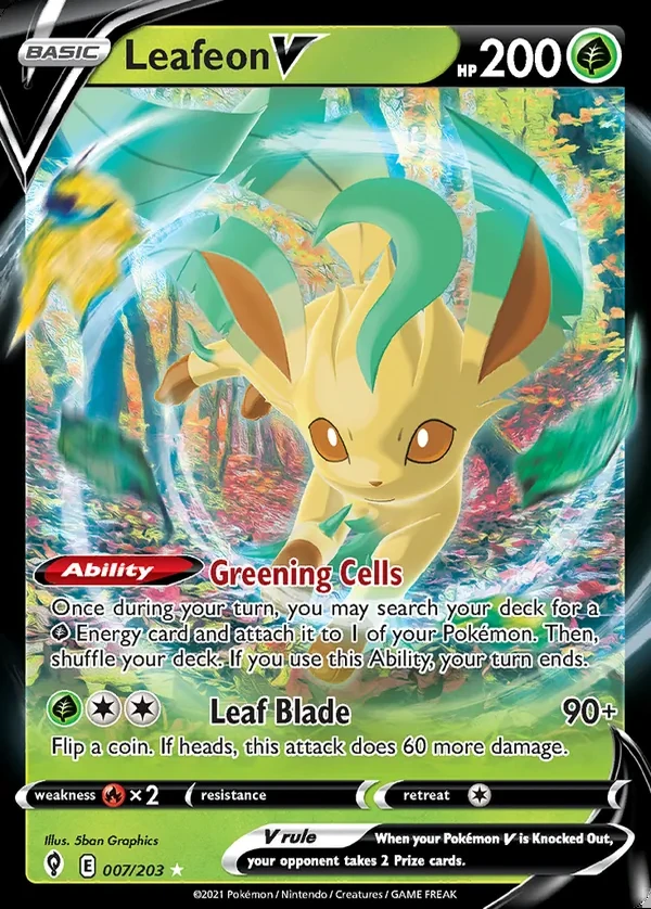Leafeon 007/203, Evolving Skies English Print with "Play! Pokémon" stamp, card art reference