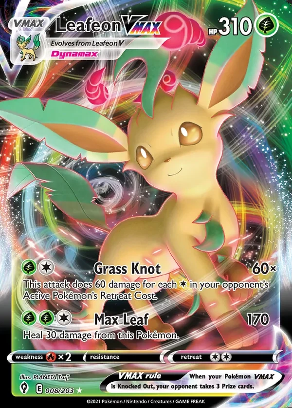 Leafeon 008/203, Evolving Skies English Print with "Play! Pokémon" stamp, card art reference
