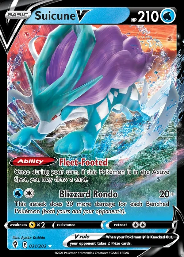 Suicune 031/203, Evolving Skies English Print with "Play! Pokémon" stamp, card art reference