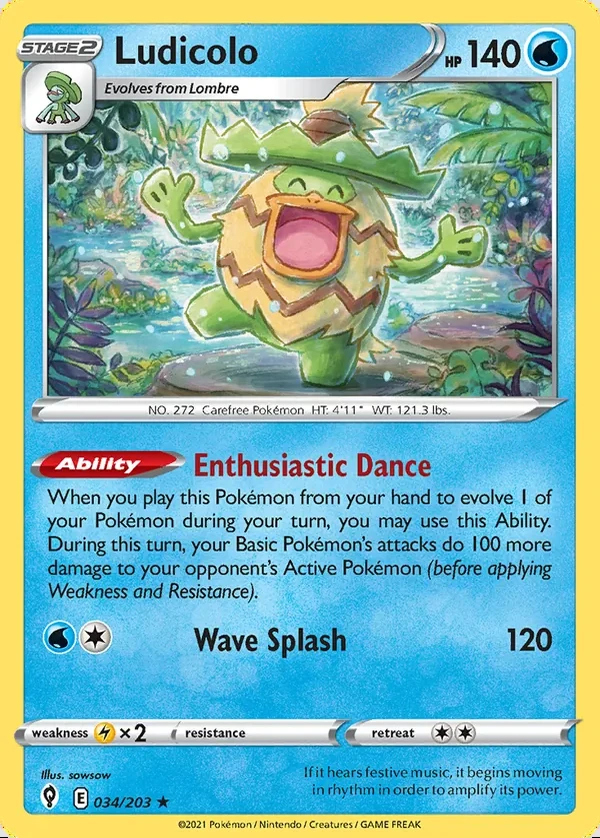 Ludicolo 034/203, Evolving Skies English Print with "Play! Pokémon" stamp, card art reference