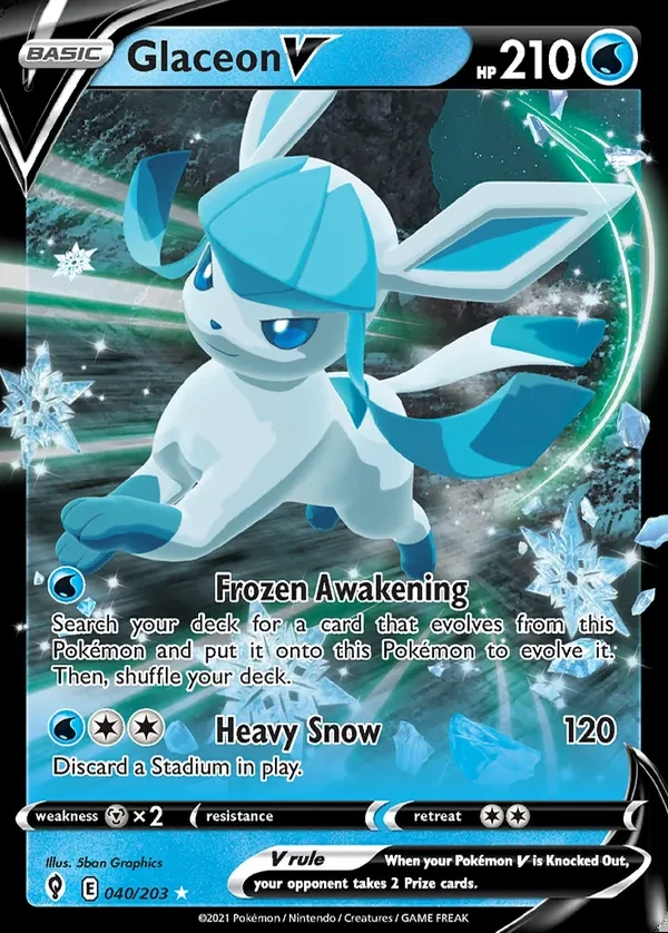 Glaceon 040/203, Evolving Skies English Print with "Play! Pokémon" stamp, card art reference