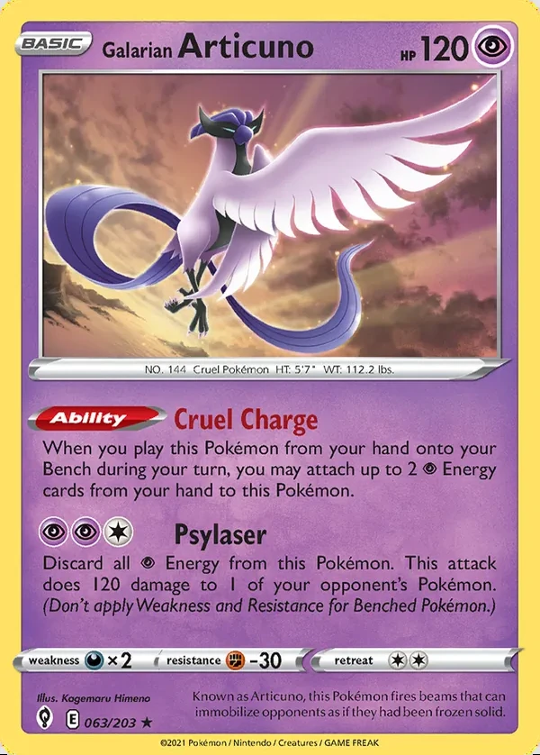 Galarian Articuno 063/203, Evolving Skies English Print with "Play! Pokémon" stamp, card art reference