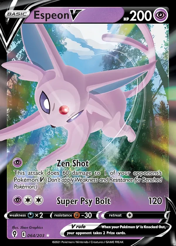 Espeon 064/203, Evolving Skies English Print with "Play! Pokémon" stamp, card art reference