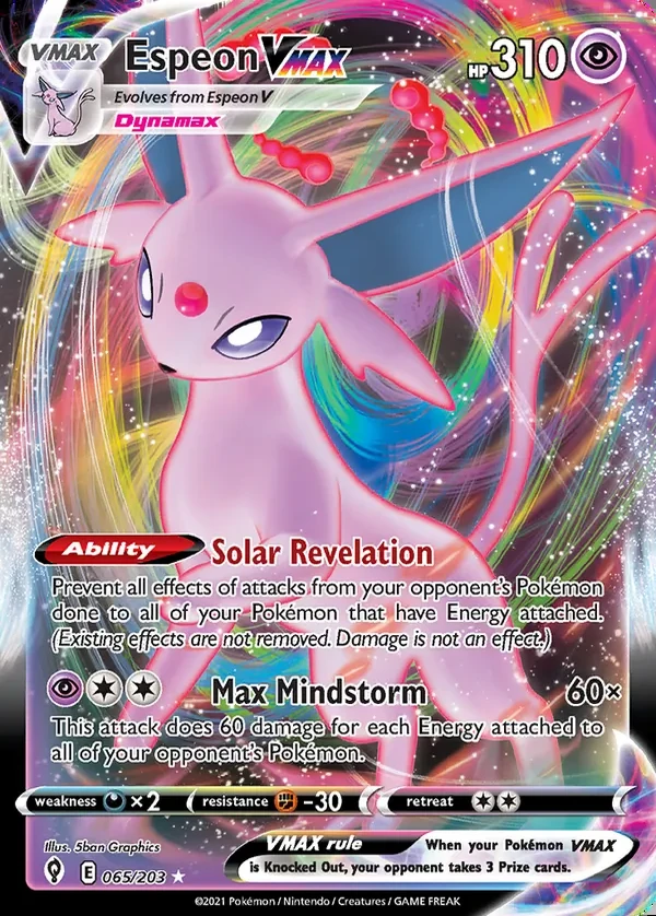 Espeon 065/203, Evolving Skies English Print with "Play! Pokémon" stamp, card art reference