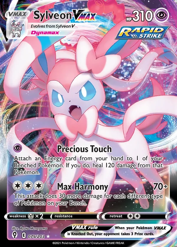 Sylveon 075/203, Evolving Skies English Print with "Play! Pokémon" stamp, card art reference