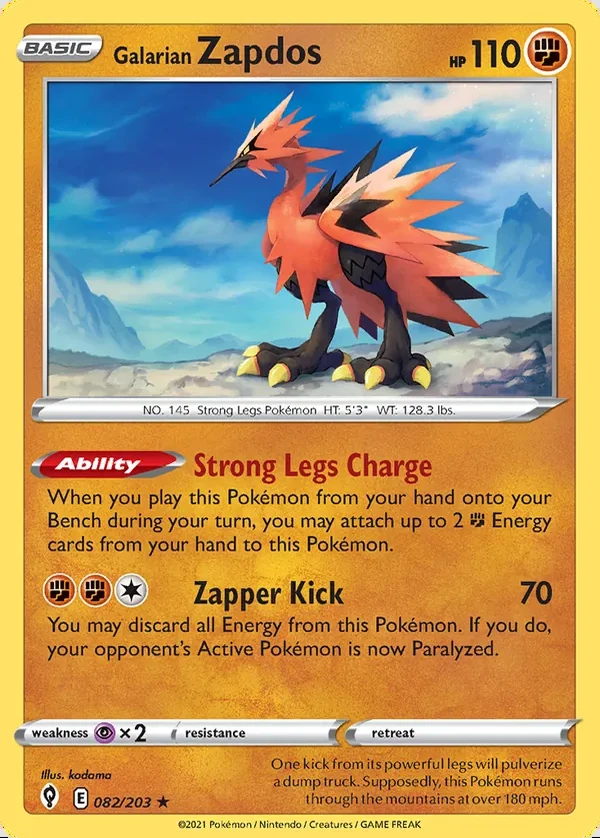 Galarian Zapdos 082/203, Evolving Skies English Print with "Play! Pokémon" stamp, card art reference